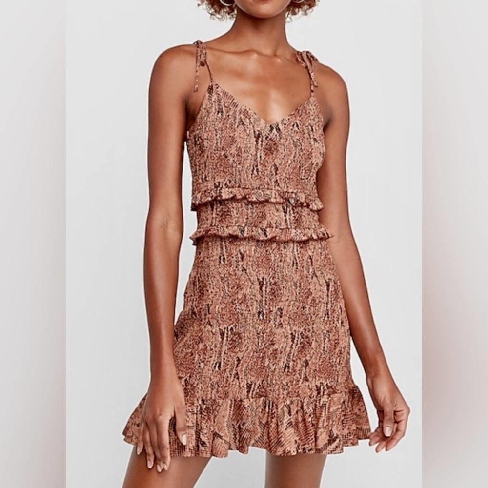 Express Animal Print Smock Tie Ruffle Mini Dress